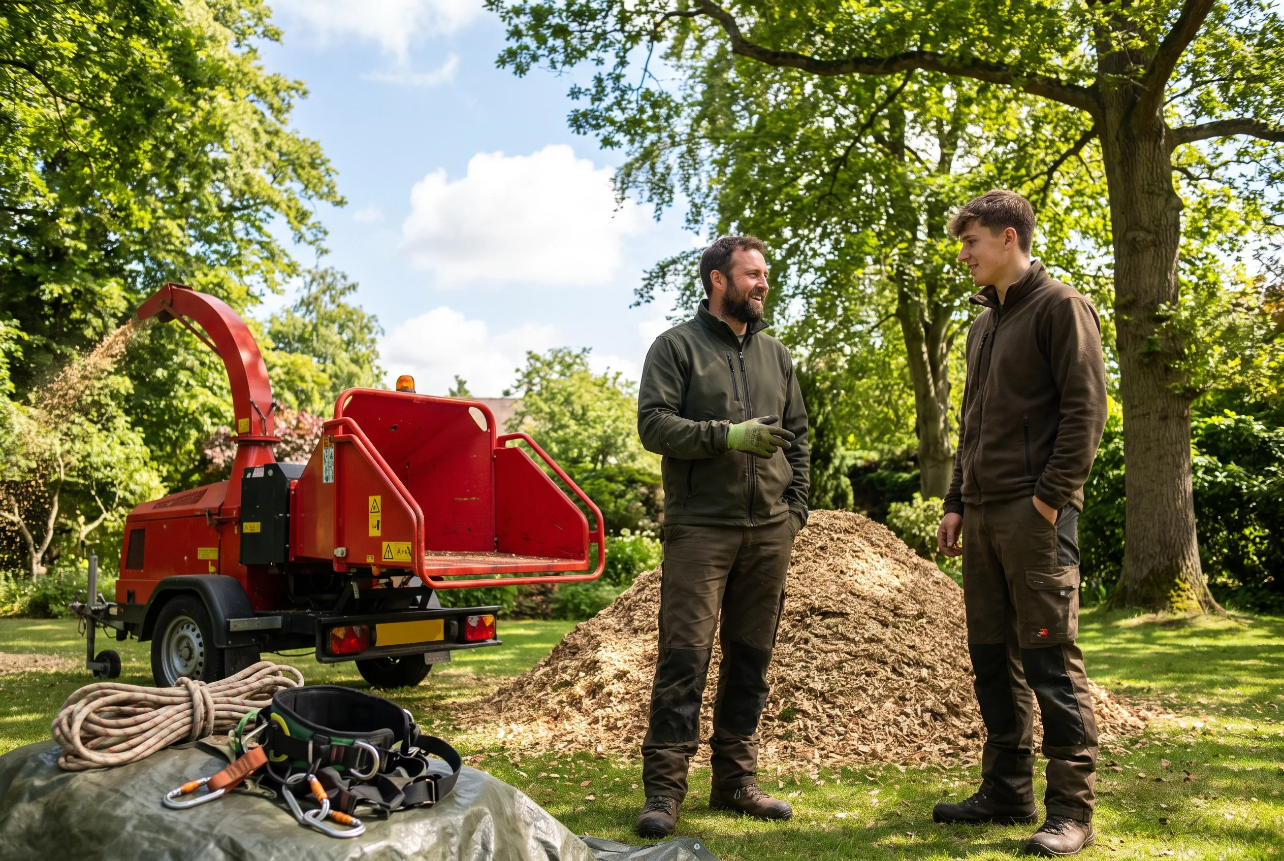 Two tree surgeons beside a woodchipper in a leafy garden