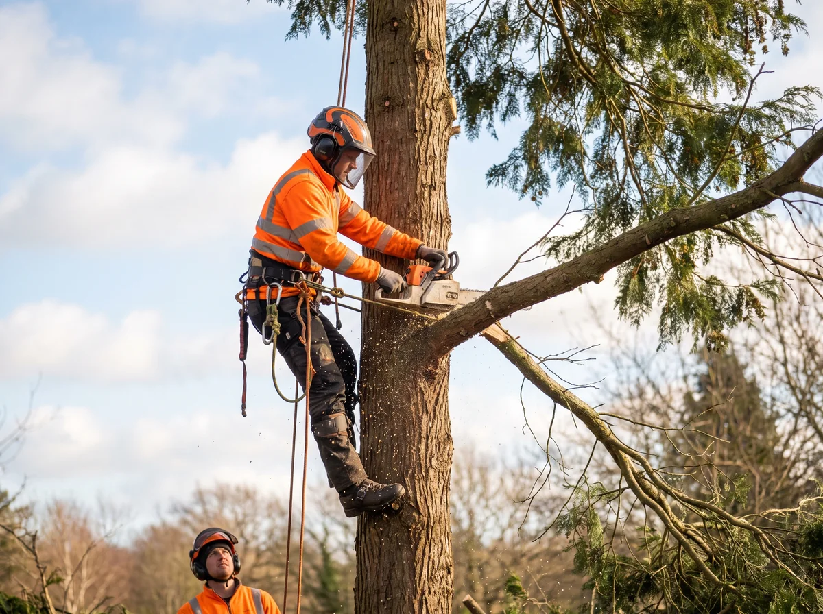 Sectional removal of a tall conifer, taken down from the top.