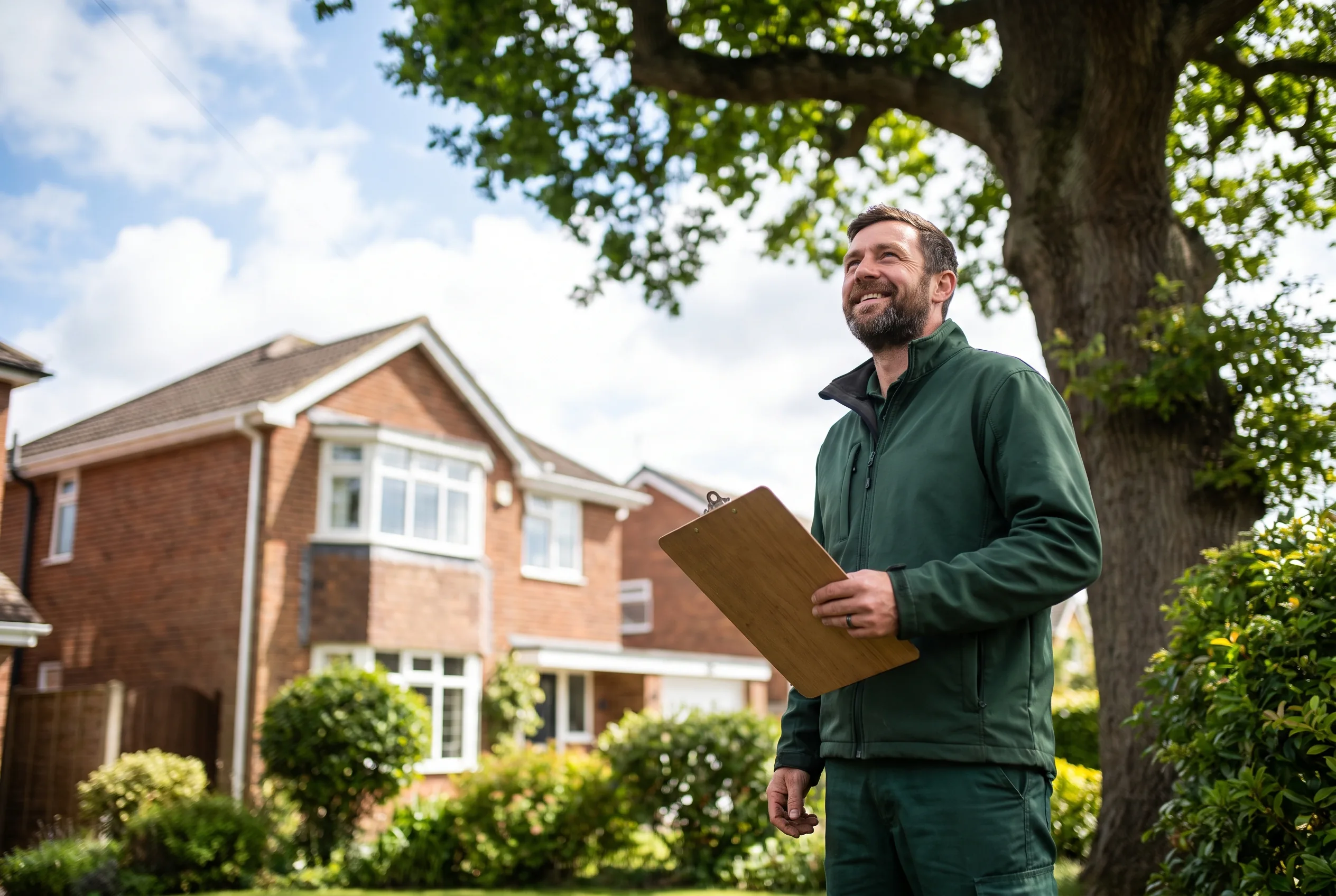 An arborist assessing a tree in a front garden